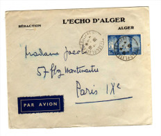 ENVELOPPE DE PLATEAU SAULIERE - ALGER POUR PARIS 02/07/1936 - Lettres & Documents