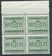 1945 LUOGOTENENZA SEGNATASSE 25 CENT NO FILIGRANA QUARTINA MNH ** - SV6-9 - Portomarken