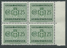 1945 LUOGOTENENZA SEGNATASSE 25 CENT NO FILIGRANA QUARTINA MNH ** - SV7-7 - Postage Due