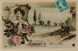 COMBLES - Jolie Carte Fantaisie Femme Fleurs Et Automobile " Baiser De COMBLES " - Combles