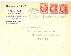 LGM FRANCE - MAZELIN 1fx3 SUR LETTRE LIMOGES/PARIS 13/6/1946 AU TARIF DU 2/1/1946  THEME BRASSERIE BIERE - 1945-47 Ceres (Mazelin)