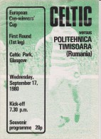 Official Football Programme CELTIC - POLITEHNICA TIMISOARA Romania European Cup Winners Cup 1980 1st Round - Habillement, Souvenirs & Autres