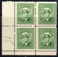 Canada 1942- 1c Green War Effort In Block Of 4  Perf  Punctured Position F Die II OHMS SG O137 MNH Cat £8+   See - Perfins