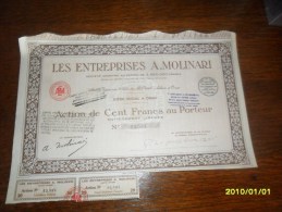 1947- ACTION De 100Frs  (**Entrprises  MOLINARI   ** ++COUPONS ) Siege A ORAN (ALGERIE) - Afrika