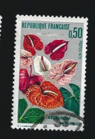 N° 1738 Anthurium - Martinique  1973 Oblitéré Timbre France Variété Trace D’essuyage Dans Le Gris - Used Stamps