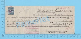 Sherbrooke  Quebec Canada 1930 Billet ( $55.02 à 7%,  Banque Canadienne,  Tax Stamp  FX 36 )  2 SCANS - Cheques & Traverler's Cheques