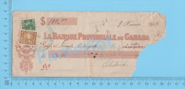 Lachine  Quebec Canada 1923 Cheque ( $100.00, Joseph Chapert, Banque Provinciale Du Canada, #107, +FWT8   ) 3 SCANS - Cheques & Traverler's Cheques