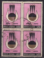 First Day Postal Used Block Of 4,  Stylish Peacock Emblem,  Bird, INDIPEX 73, India 1973 - Pauwen