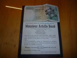 LDM-2 Faire Part Deces Achille BORRE DEWULF Oostkamp 1895 Courcelles 1948 DECLOODT - Tickets