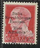 ITALIA REGNO REPUBBLICA SOCIALE ITALIANA FASCISTA BASE ATLANTICA 1943 SOPRASTAMPATO CENT. 20 USATO USED OBLITERE' - Ortsausgaben/Autonome A.