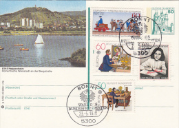 21534- HEPPENHEIM TOWN, LAKE, BOATS, CASTLE, POSTCARD STATIONERY, RAILWAY, POST SERVICES, ANNE FRANK STAMPS,1979,GERMANY - Illustrated Postcards - Used