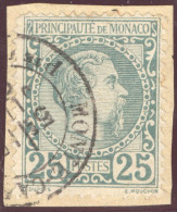 Monaco 1885 25 Cent Dunkelbläulichgrün Mi# 6 Gestempelt Auf Briefstück - Usados