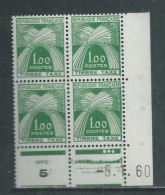 France Timbres-Taxe N° 94 X  : 1 F. En Bloc De 4 Coin Daté Du 5 . 1 . 60 . 3 Points Blancs, Trace Charnière Sinon TB - Segnatasse