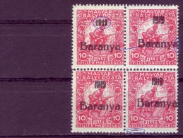 SOLDIER-10 FILL-OVERPRINT-BARANYA-BLOCK OF FOUR-ERROR-RARE-HUNGARY-SERBIA-YUGOSLAVIA-1919 - Ongebruikt