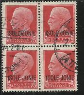 ISOLE JONIE 1941 SOPRASTAMPATO D´ITALIA ITALY OVERPRINTED CENT. 75 C QUARTINA USATA BLOCK USED OBLITERE´ - Ionische Inseln