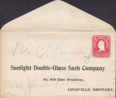 United States Postal Stationery Ganzsache Entier PRIVATE Print SUNLIGHT Double-Glass SASH COMPANY, LOUISVILLE Kentucky - ...-1900