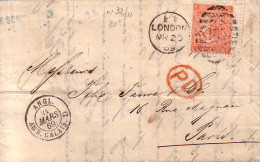 GRANDE BRETAGNE - LONDRES POUR PARIS - CACHET ENTREE ANGL. AMB.CALAIS D DU 21-3-1869 . - Cartas & Documentos