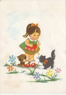 24451- CHILDRENS, GIRL WALKING HER DOG, CAT - Humorous Cards