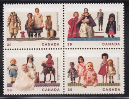 Canada MNH Scott #1277a With #1277ii Block Of 4 Dolls With Variety: 'Thread' Between Dolls On Lower Right Stamp - Plaatfouten En Curiosa