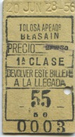 3- BILLETE EDMONDSON DE LOS FERROCARRILES ESPAÑOLES // TOLOSA - BEASAIN // 1ª CLASE // 1928 - Europe