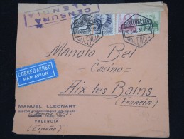 ESPAGNE - Enveloppe De Valencia Pour La France En 1937 Par Avion Avec Censure - Aff. Plaisant - à Voir - P8734 - Marques De Censures Républicaines