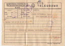 24791- TELEGRAMME SENT FROM BAZNA TO CLUJ, 1957, ROMANIA - Telegraph