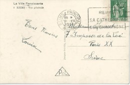 3298 REIMS Principal Marne Carte Postale 30 C Paix Yv 280 Ob 28 7 1937 - Covers & Documents