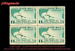 PIEZAS. CUBA. BLOQUES DE CUATRO. 1936-01 ZONA FRANCA DEL PUERTO DE MATANZAS. SELLO 1 CENTAVO. SITUACIÓN GEOGRÁFICA - Ongebruikt