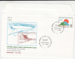 INAUGURATION OF ATATURK DAM'S WATER POWER PLANT, COVER FDC, 1992, TURKEY - Agua