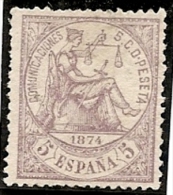 1874-ED. 144 -  I REPÚBLICA- ALEGORÍA DE LA JUSTICIA 5 CTS. VIOLETA-NUEVO - MH- - Ungebraucht