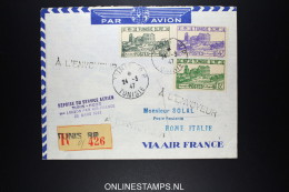 Tunesie LETTRE RECOMMANDEE PAR AVION AVEC GRIFFE REPRISE DU SERVICE AERIEN TUNIS-ROME 1ere LIAISON PAR AIR FRANCE 25 MAR - Airmail