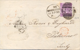 Great Britain 1870 Envelope From Manchester 498 To Palermo (Italy) With Stamp 6 Pence (no Hyphen After SIX) - Brieven En Documenten