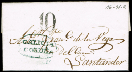 LA CORUÑA PREF.  - PE 11V - CARTA CIRC. 1837 A SANTANDER + PORTEO 10 - ...-1850 Prefilatelia