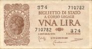 1 LIRA  ITALIA  LAUREATA - Biglietti Di Stato Luogotenenza -  D.M. 23.11.1944 - Firme: Bolaffi - Cavallaro - Giovinco. - Italia – 1 Lira