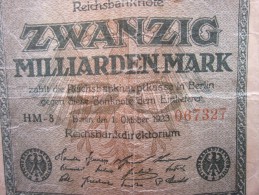 OCTOBER 1923 REICHBANKNOTE ZWANZIG MILLIARDEN MARK REPUBLIQUE DE WEIMAR BILLET DE BANK BANQUE  DEVALUATION ALLEMANDE - 20 Mrd. Mark