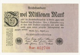 GERMANIA -  REICHSBANKNOTE 2 MILLIONEN Mark 1923 - PERIODO INFLAZIONE - 9AF 052740 - STAMPA SOLO AL VERSO - SPL - 2 Millionen Mark