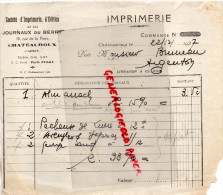 36 - CHATEAUROUX - FACTURE IMPRIMERIE - JOURNAUX DU BERRY- 10 RUE DE LA POSTE- 1937 - Printing & Stationeries