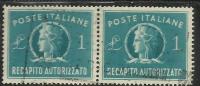 ITALIA REPUBBLICA ITALY REPUBLIC 1947 RECAPITO AUTORIZZATO TURRITA LIRE 1 LIRA COPPIA USATA PAIR USED OBLITERE´ - Fiscale Zegels