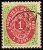 1873-1874. Bi-coloured. 1 C. Green/red. Normal Frame. Perf. 14x13½. 6th Print. Variety (Michel: 5 Ib) - JF180447 - Deens West-Indië