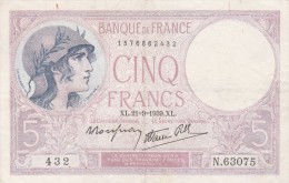 BILLETS - 5 F VIOLET - XL . 21=9=1939 . XL - N° 432 - N . 63075 - 5 F 1917-1940 ''Violet''