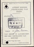 Attest Nopens Vertraging Trein- Spoorwegen - Stempel Station Zottegem - 16 Mei 1986 - Andere & Zonder Classificatie