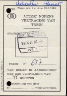 Attest Nopens Vertraging Trein- Spoorwegen - Stempel Station Gent St Pieters - 19 Dec 1984 - Andere & Zonder Classificatie