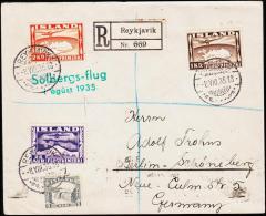 1935. Solbergs-flug I Agust 1935. 2 Kr. + 1 Kr. + 25 Aur + 5 Aur REYKJAVIK 8.VIII. 35. ... (Michel: 180B) - JF180925 - Lettres & Documents