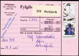 1964. Wappen Islands. 25 Kr.  Fylgibréf. Verd 817 Kr. REYKJAVIK 19.VIII.1965. (Michel: 380) - JF180957 - Briefe U. Dokumente