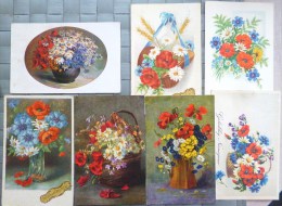 Cpa LOT 7X Litho Relief ILLUSTRATEUR Theme Fleur De France Bleuet Marguerite Coquelicot Voir Details - Colecciones Y Lotes