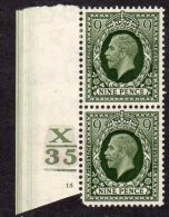 GB George V 1934-6 9d Photogravure X35 Plate 15 Cylinder Pair, MNH Hinge In Margin & Vertical Crease - Ungebraucht