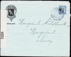 1918. Two Kings. 20 Aur Blue. Perf. 14x14½, Wm. Cross  REYKJAVIK 8 - X 1918. To Haugesu... (Michel: 82) - JF181832 - Lettres & Documents