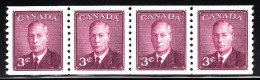 Canada MH Scott #296 3c King George VI, Rose Violet 'Postes-Postage' Omitted Coil Strip Of 4 - Rollen