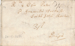 621/23 - Lettre PRECURSEUR YPRES 1686 Vers BRUGES - RARE Deux Ports Encre 3 Stuyvers Et 10 Deniers - Texte Latin - 1621-1713 (Spaanse Nederlanden)