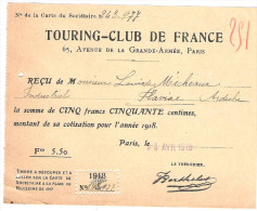 TOURING CLUB De FRANCE Reçu De Cotisation 1918 Pour 5 Frcs 50 - Automovilismo